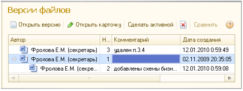 Скриншот 1С:Документооборот 8: версии файлов